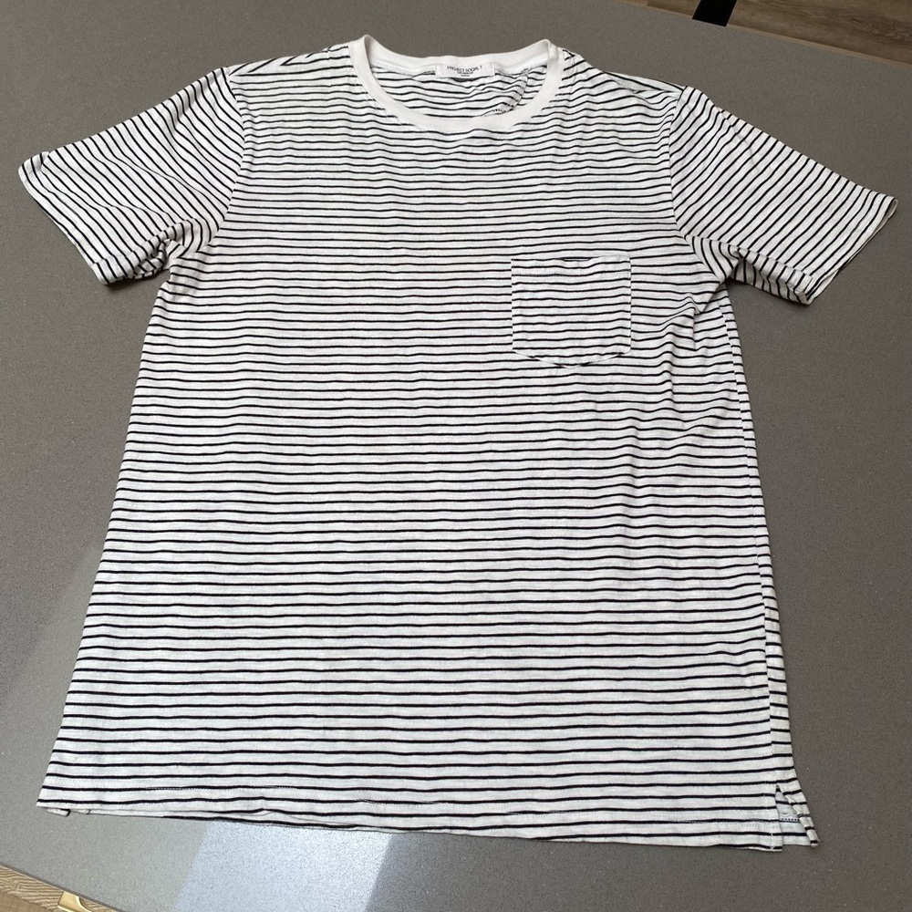 Project Social T Black and White Striped Tee, Men’s size M